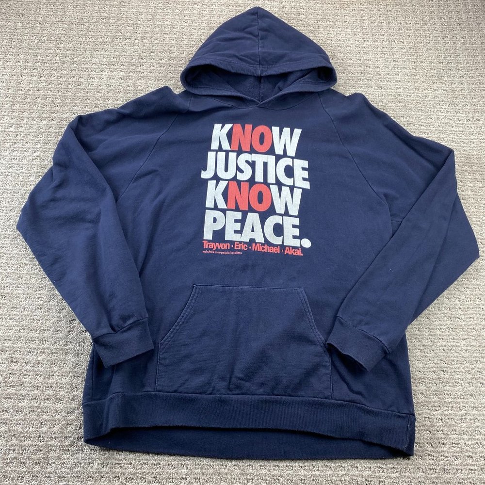 Know Justice Know Peace Sweater Men Extra Large XL Navy Blue Pullover Sweatshirt